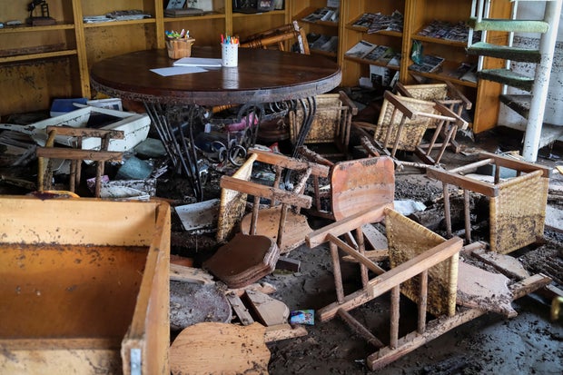 Furniture lies on the floor in a damaged room at Camp Mystic following flooding on the Guadalupe River in Hunt, Texas, July 7, 2025. 