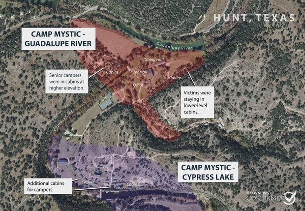 Map shows location of Camp Mystic, in Kerr County, Texas. 