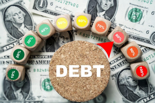 Debt indicator level rating on USD dollar banknote for business burden financial debt or borrow mortgage failure crisis concept. 