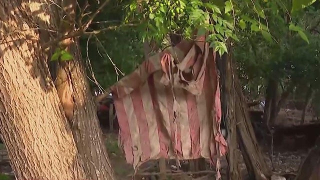 Tattered American flag along Guadalupe River 