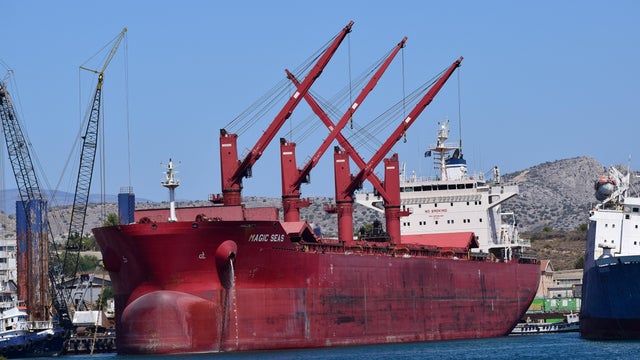 FILE PHOTO: The Magic Seas cargo ship docked at a port in Ampelakia, Salamis Island 