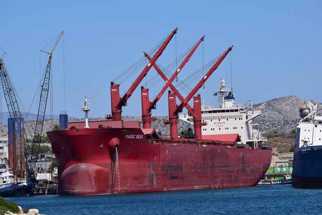FILE PHOTO: The Magic Seas cargo ship docked at a port in Ampelakia, Salamis Island