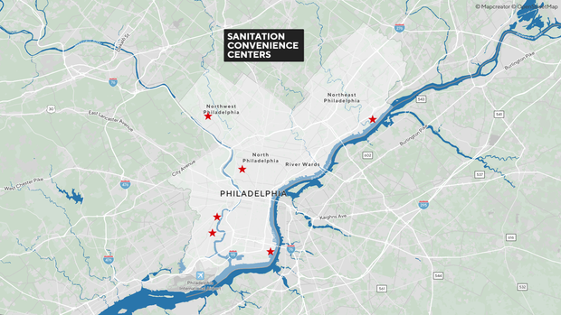 A map of Philadelphia showing where the 6 sanitation convenience centers are located 