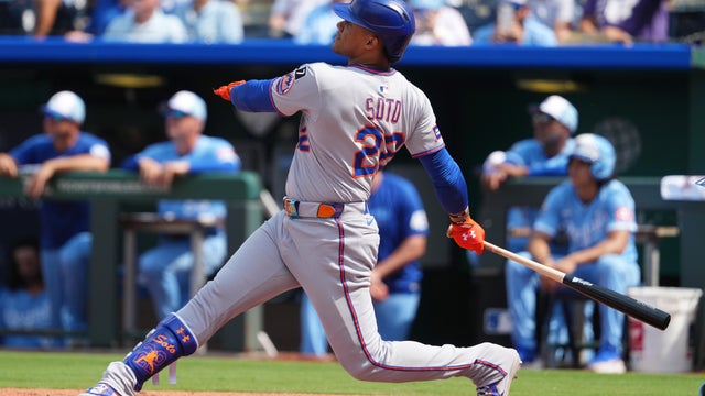 Juan Soto #22 of the New York Mets hits a two-run home run in the fourth inning against the Kansas City Royals at Kauffman Stadium on July 12, 2025 in Kansas City, Missouri. 