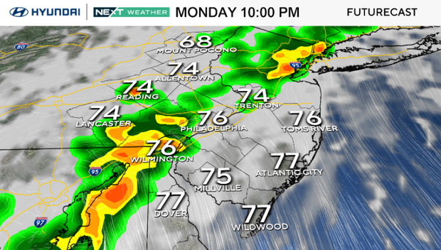 A weather map showing temps in the 70s and a line of rain storms crossing much of the Philadelphia area Monday at 10 p.m.