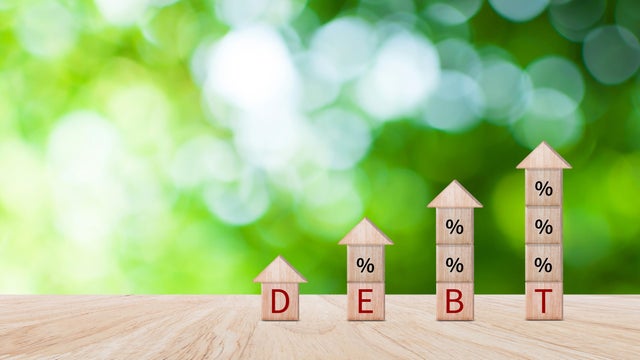 Debt growth for debt reduction concept, growth of public debt on wooden cube, Delve deeper the complex concept of debt and significant impact on effectively managing personal finances. 