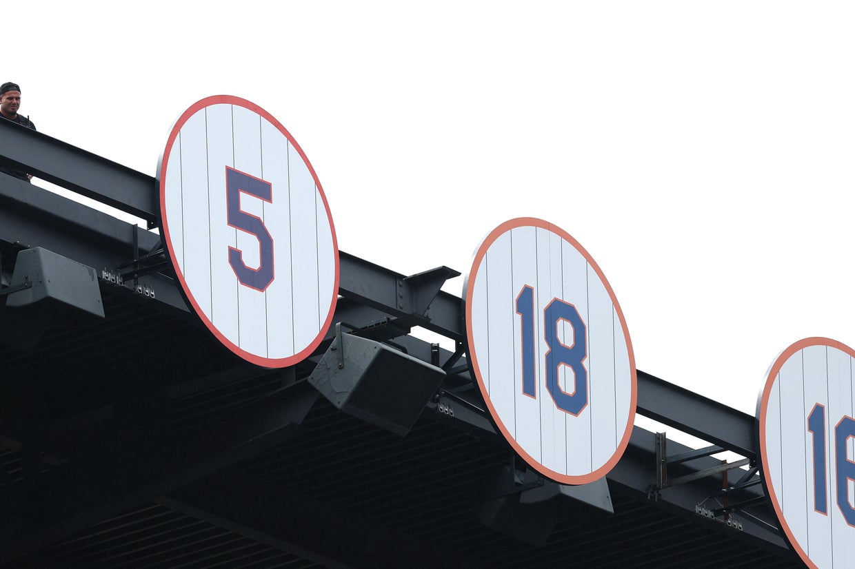 The jersey number of former New York Mets player David Wright is displayed in the stadium during his number retirement ceremony before the game between the New York Mets and Cincinnati Reds at Citi Field on July 19, 2025 in the Queens borough of New York City. 