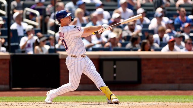Pete Alonso #20 of the New York Mets hits a three-run home run against the Los Angeles Angels in the third inning at Citi Field on July 23, 2025 in New York City. 