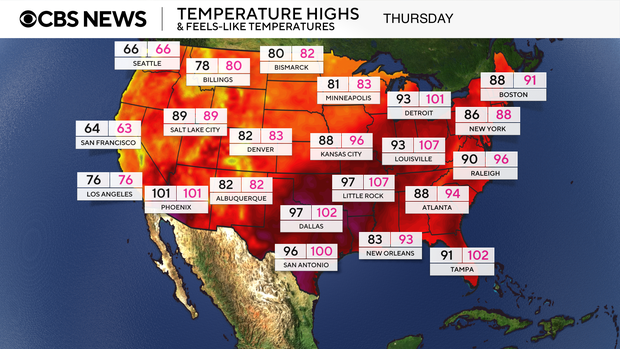 A map shows the high temperatures and feels-like temperatures expected across the U.S. on Thursday, July 24, 2025. 