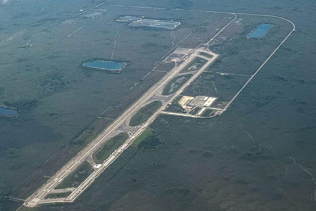 An aerial view of a migrant detention center, dubbed Alligator Alcatraz, in Ochopee, Florida, on July 7, 2025. 
