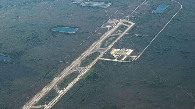 An aerial view of a migrant detention center, dubbed Alligator Alcatraz, in Ochopee, Florida, on July 7, 2025. 