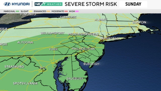 A map showing that much of the Philadelphia region is at risk of severe storms Sunday 