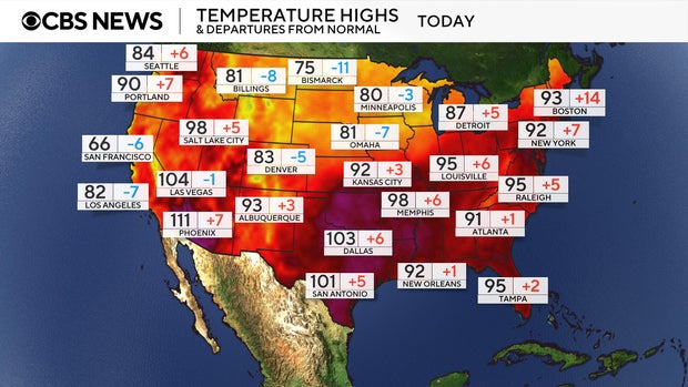 Map shows forecast high temperatures on Wednesday, July 30, 2025. 
