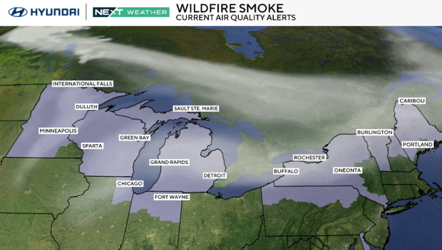 A map showing that the northern part of the United States, including Minnesota, Wisconsin, Michigan, New York, Vermont and Maine could be affected by wildfire smoke from Canada 