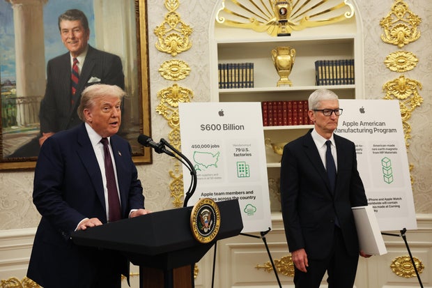 President Trump Makes An Announcement with Apple CEO Tim Cook in The Oval Office 