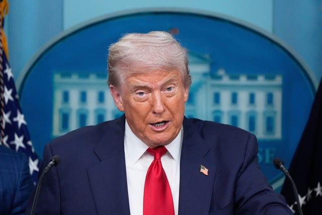 President Trump speaks with reporters in the James Brady Press Briefing Room at the White House, Monday, Aug. 11, 2025, in Washington. 