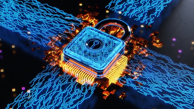 Security padlock and futuristic circuit board 