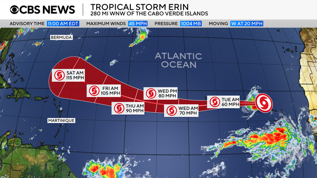 The map shows the expected track of ESIN's tropical storm starting from 11 am EST on August 11, 2025. 