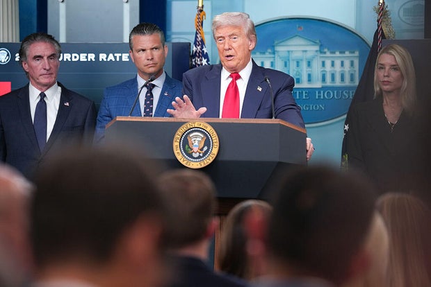 President Trump delivers remarks during a press conference in the James S. Brady Press Briefing Room of the White House on Aug. 11, 2025. 