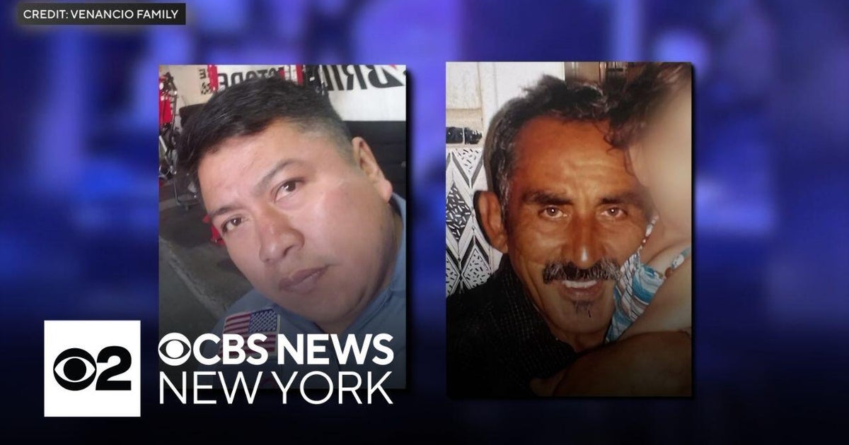 CBS News New York graphic showing two portrait photographs side-by-side of men provided by the Venancio family. The left image shows a man with short dark hair looking toward the camera; the right image shows an older man with a mustache smiling while holding a child partially visible at the edge of the photo. CBS News and channel 2 logos appear over the lower left of the graphic.