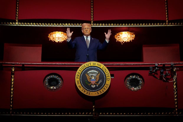 President Trump looks down from the Presidential Box in the Opera House at the John F. Kennedy Center for the Performing Arts as he participates in a guided tour and leads a board meeting on March 17, 2025 in Washington, DC. 