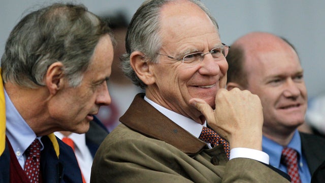 Delaware Democratic Rep. Mike Castle, center, talks with Sen. Tom Carper, left, as senator-elect Chris Coons, right, looks on during Return Day, on Nov. 4, 2010. 