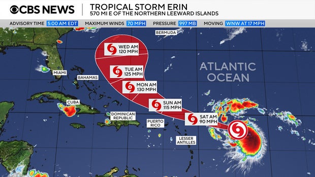Map shows the path of Erin over the Atlantic 