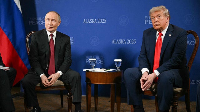 President Trump and Russian President Vladimir Putin meet during their summit on Ukraine at Joint Base Elmendorf-Richardson in Anchorage, Alaska, on Aug. 15, 2025. 