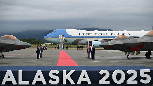 Air Force One is seen on the tarmac after President Trump landed at Joint Base Elmendorf-Richardson in Anchorage, Alaska, on Aug. 15, 2025. 