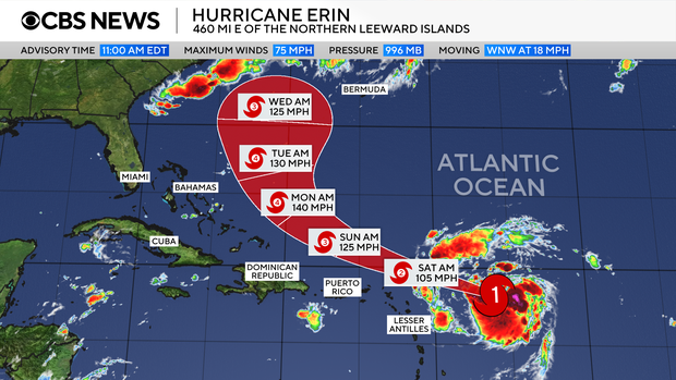 A map shows the projected path of Hurricane Erin as of 11 a.m. EDT, Aug. 15, 2025. 