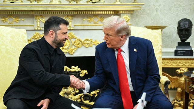 Ukrainian President Volodymyr Zelensky and President Trump shake hands during a meeting in the Oval Office of the White House on Aug. 18, 2025. 
