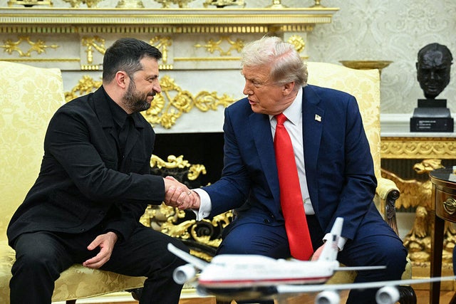 Ukrainian President Volodymyr Zelensky and President Trump shake hands during a meeting in the Oval Office of the White House on Aug. 18, 2025. 