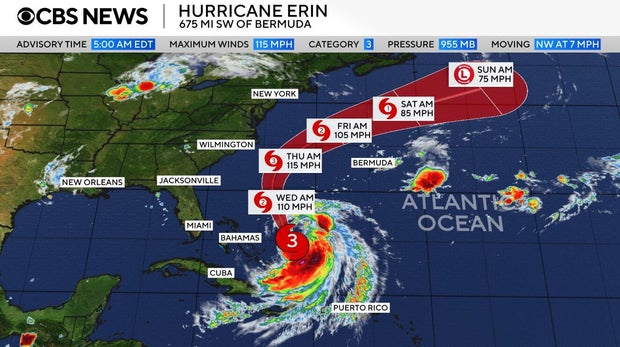 Map shows Hurricane Erin's forecast path 
