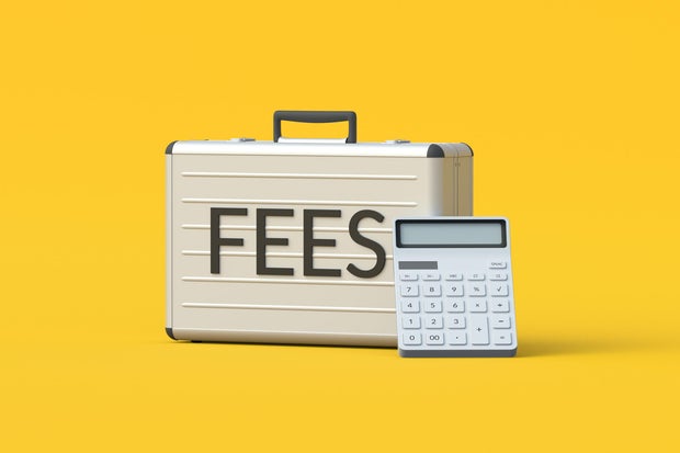 Word fees connected suitcase adjacent calculator. Hidden fee. Fixed charges. Payment of the penalty. Legal, amerciable commission. Business concept. 3d render