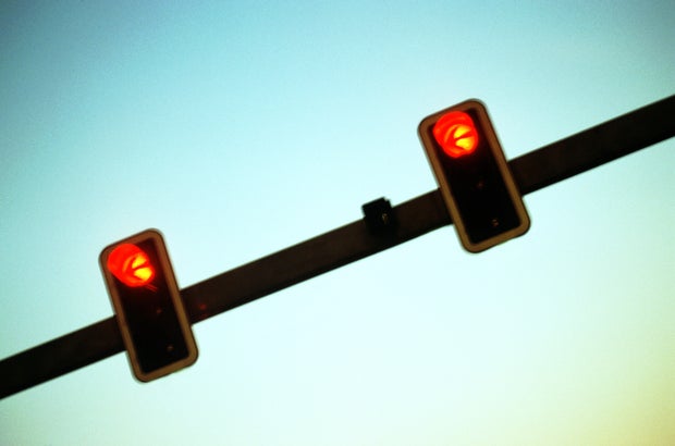 Traffic light showing red, low angle view 