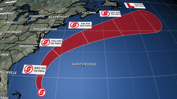 A weather map shows the track of Hurricane Erin as it moves north in the Atlantic Ocean, it's not expected to make landfall 