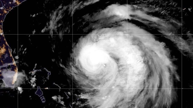 A satellite image shows Hurricane Erin at 2:10 p.m. EDT, Aug. 19, 2025. 