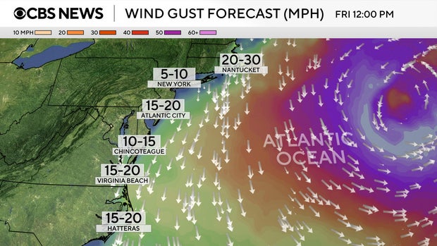 Mapa de ráfagas de viento en el pronóstico del huracán Erin 