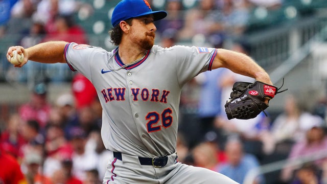 Nolan McLean #26 of the New York Mets pitching against the Atlanta Braves during the first inning at Truist Park on August 22, 2025 in Atlanta, Georgia. 