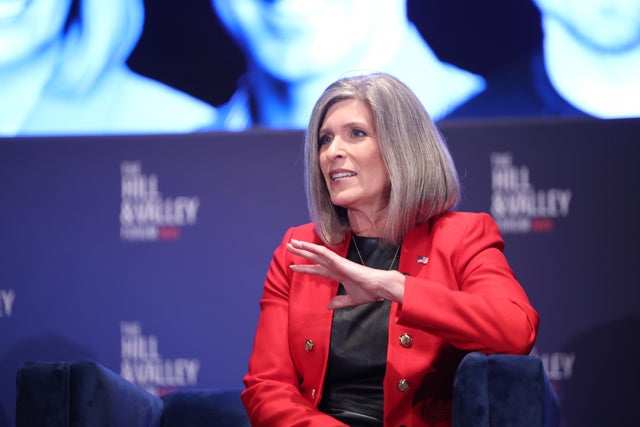 Sen. Joni Ernst speaks on stage during The Hill & Valley Forum 2025 at The U.S. Capitol Visitor Center on April 30, 2025 in Washington, DC. 