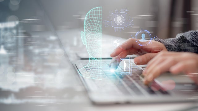 Deepfake deep learning fake news generator modern internet technology concept. 