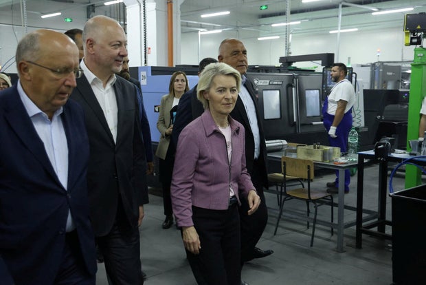EU Commission President Ursula von der Leyen, Bulgarian PM Zhelyazkov, and Borissov, leader of GERB party, visit VMZ-Sopot 
