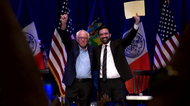 Sen. Bernie Sanders and Assemblyman Zohran Mamdani on stage together at Claire Tow Theater 