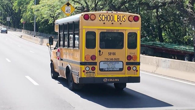 A small school bus on a road 