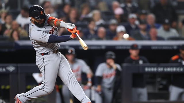 Gleyber Torres #25 of the Detroit Tigers hits a two-run RBI single during the fifth inning against the New York Yankees at Yankee Stadium on September 10, 2025 in the Bronx borough of New York City. 