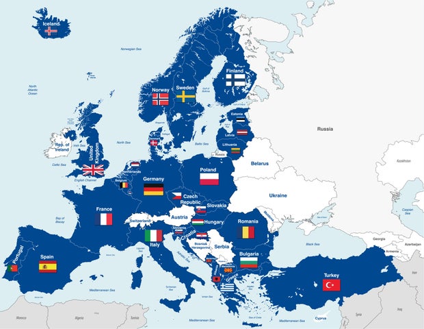 European member states of NATO (North Atlantic Treaty Organization). Vector illustration 