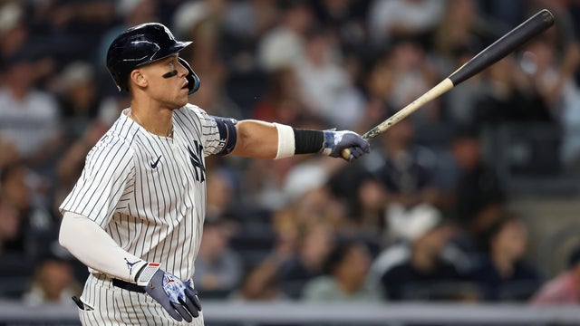 Aaron Judge #99 of the New York Yankees looks on after hitting a home run against Tyler Holton #87 of the Detroit Tigers during the first inning at Yankee Stadium on September 11, 2025 in the Bronx borough of New York City. 