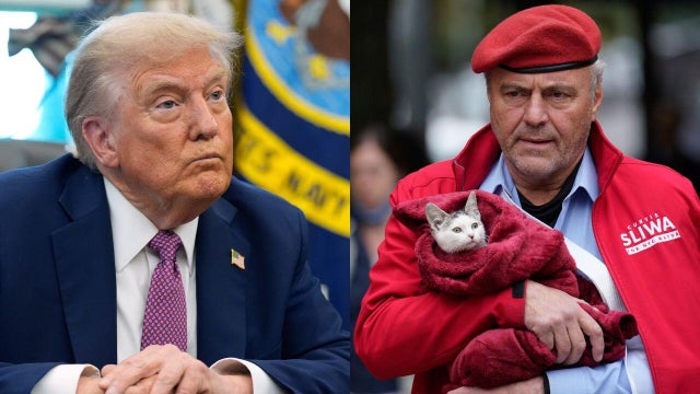 Left: President Donald Trump listens to a question from a reporter in the Oval Office of the White House, Friday, Sept. 5, 2025, in Washington; Right: Mayoral candidate Curtis Sliwa arrives to vote with a rescue cat named Gizmo in New York, Tuesday, Nov. 