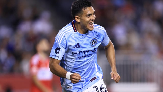 Alonso Martínez #16 of New York City celebrates scoring during the second half against the Chicago Fire at Soldier Field on September 13, 2025 in Chicago, Illinois. 