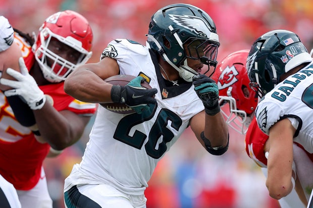 Saquon Barkley #26 of the Philadelphia Eagles runs with the ball against the Kansas City Chiefs during the third quarter in the game at Arrowhead Stadium